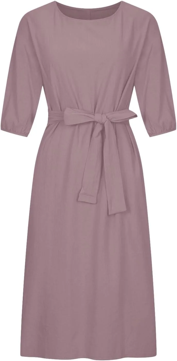 hlysgo Holiday Dresses for Women 2025 Plus Size Half Sleeve Crew Neck Midi Dress Summer Tie-Belt Cotton Linen Casual Dress
