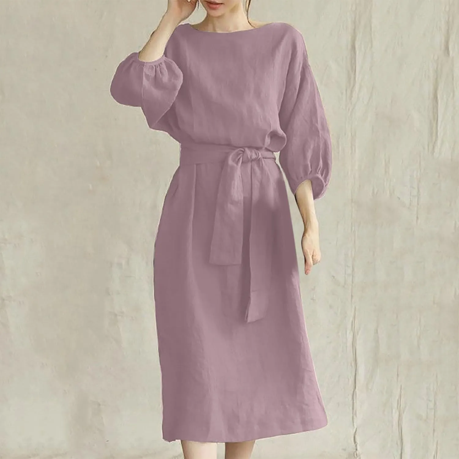 hlysgo Holiday Dresses for Women 2025 Plus Size Half Sleeve Crew Neck Midi Dress Summer Tie-Belt Cotton Linen Casual Dress