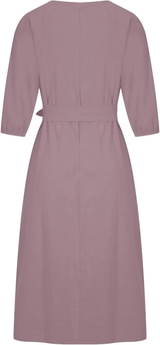 hlysgo Holiday Dresses for Women 2025 Plus Size Half Sleeve Crew Neck Midi Dress Summer Tie-Belt Cotton Linen Casual Dress