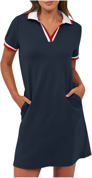 hlysgo Mini Dresses for Women 2025 Summer Casual Short Sleeve V Neck Tennis Dresses Trendy Short T-Shirt Dress with Pockets