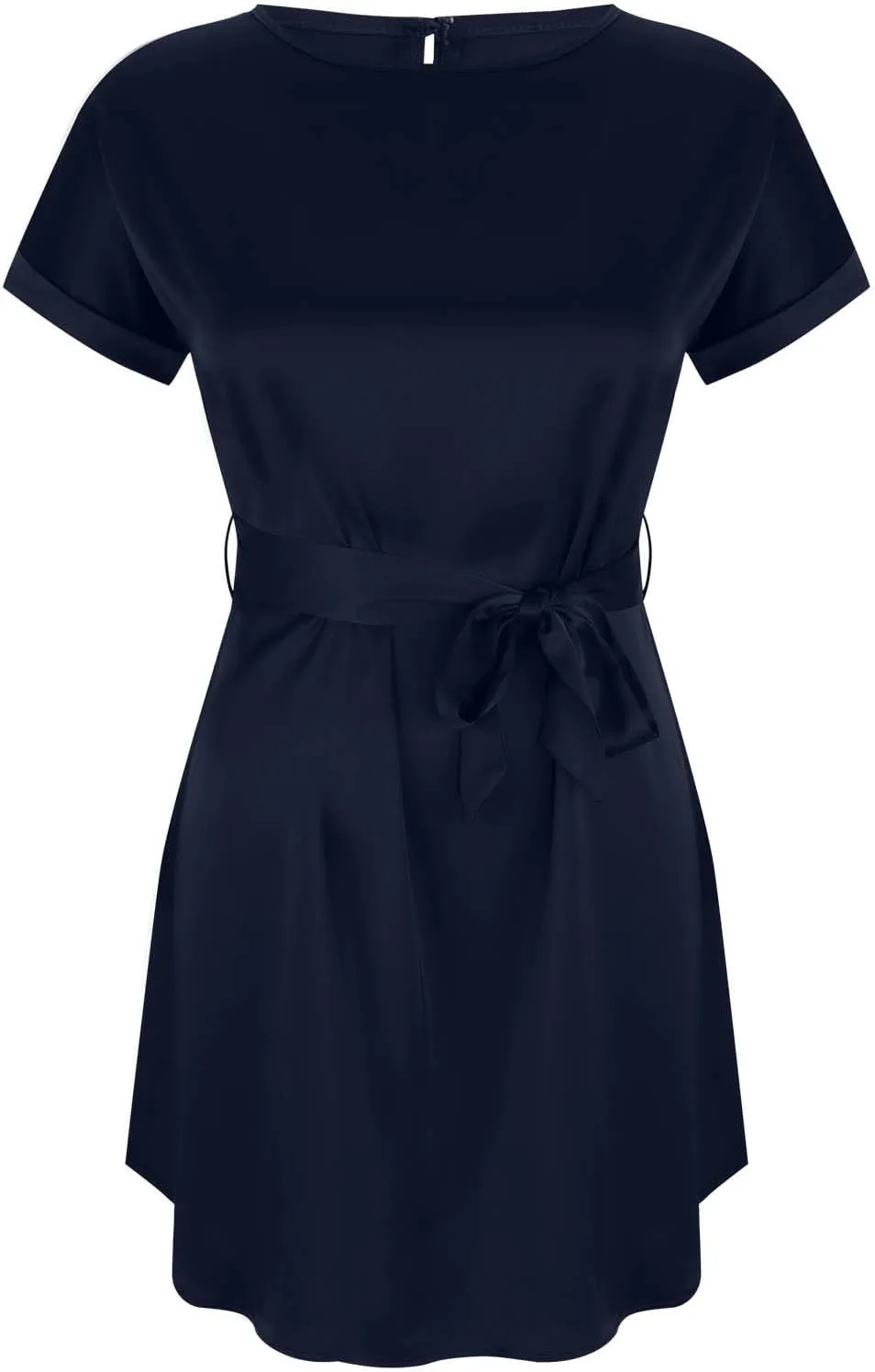 hlysgo Mini Dresses for Women Casual Loose Fit Short Sleeve Crew Neck Party Dress Trendy Silk Satin Tie-Belt Going Out Dress