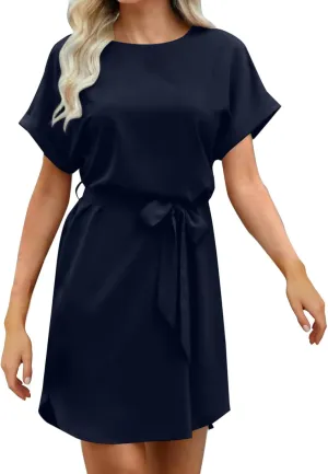hlysgo Mini Dresses for Women Casual Loose Fit Short Sleeve Crew Neck Party Dress Trendy Silk Satin Tie-Belt Going Out Dress