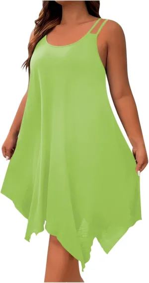 hlysgo Plus Size Dress for Women 2025 Summer Sleeveless V Neck Mini Dresses Casual Loose Fit Handkerchief Hem Short Sundress