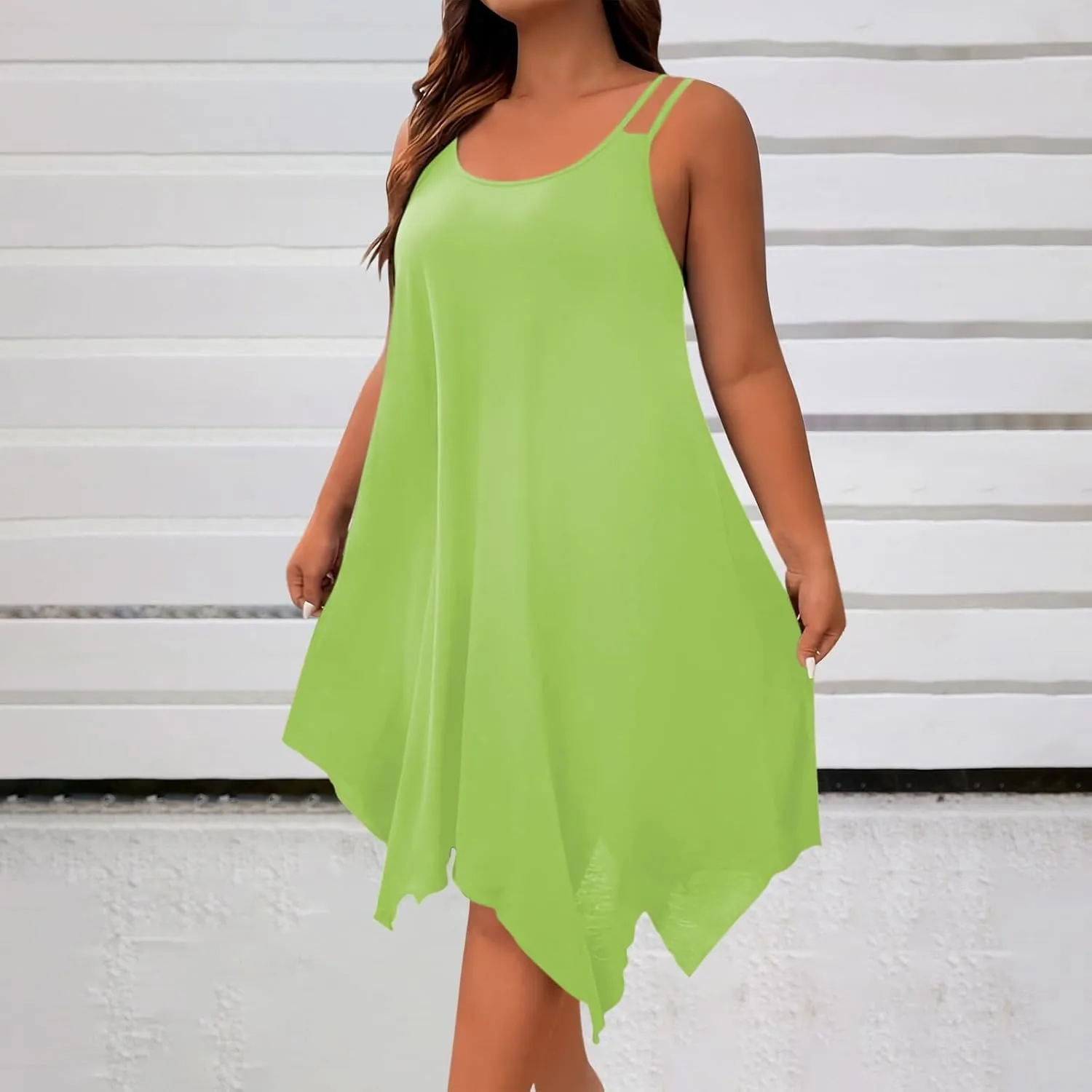hlysgo Plus Size Dress for Women 2025 Summer Sleeveless V Neck Mini Dresses Casual Loose Fit Handkerchief Hem Short Sundress