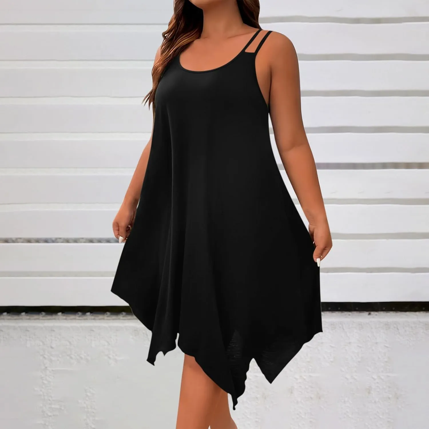 hlysgo Plus Size Dress for Women 2025 Summer Sleeveless V Neck Mini Dresses Casual Loose Fit Handkerchief Hem Short Sundress