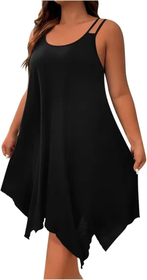 hlysgo Plus Size Dress for Women 2025 Summer Sleeveless V Neck Mini Dresses Casual Loose Fit Handkerchief Hem Short Sundress