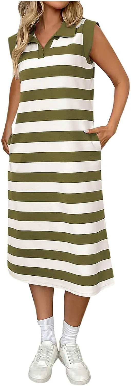 hlysgo Stripes Dresses for Women with Pockets 2025 Trendy Sleeveless V Neck Mini Dress Ladies Casual Going Out Sundress
