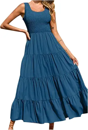 hlysgo Women Summer Dresses Casual Sleeveless Maxi Dresses Smocked High Waist Flowy Tiered Midi Dress Wedding Guest Dress