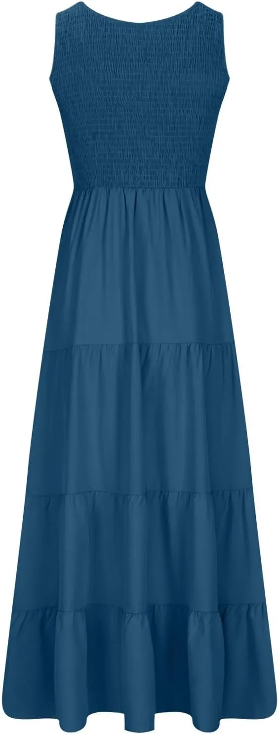 hlysgo Women Summer Dresses Casual Sleeveless Maxi Dresses Smocked High Waist Flowy Tiered Midi Dress Wedding Guest Dress