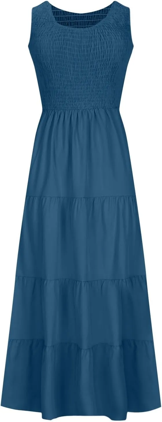 hlysgo Women Summer Dresses Casual Sleeveless Maxi Dresses Smocked High Waist Flowy Tiered Midi Dress Wedding Guest Dress