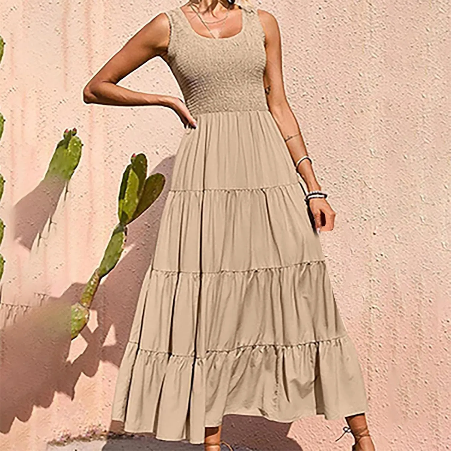 hlysgo Women Summer Dresses Casual Sleeveless Maxi Dresses Smocked High Waist Flowy Tiered Midi Dress Wedding Guest Dress