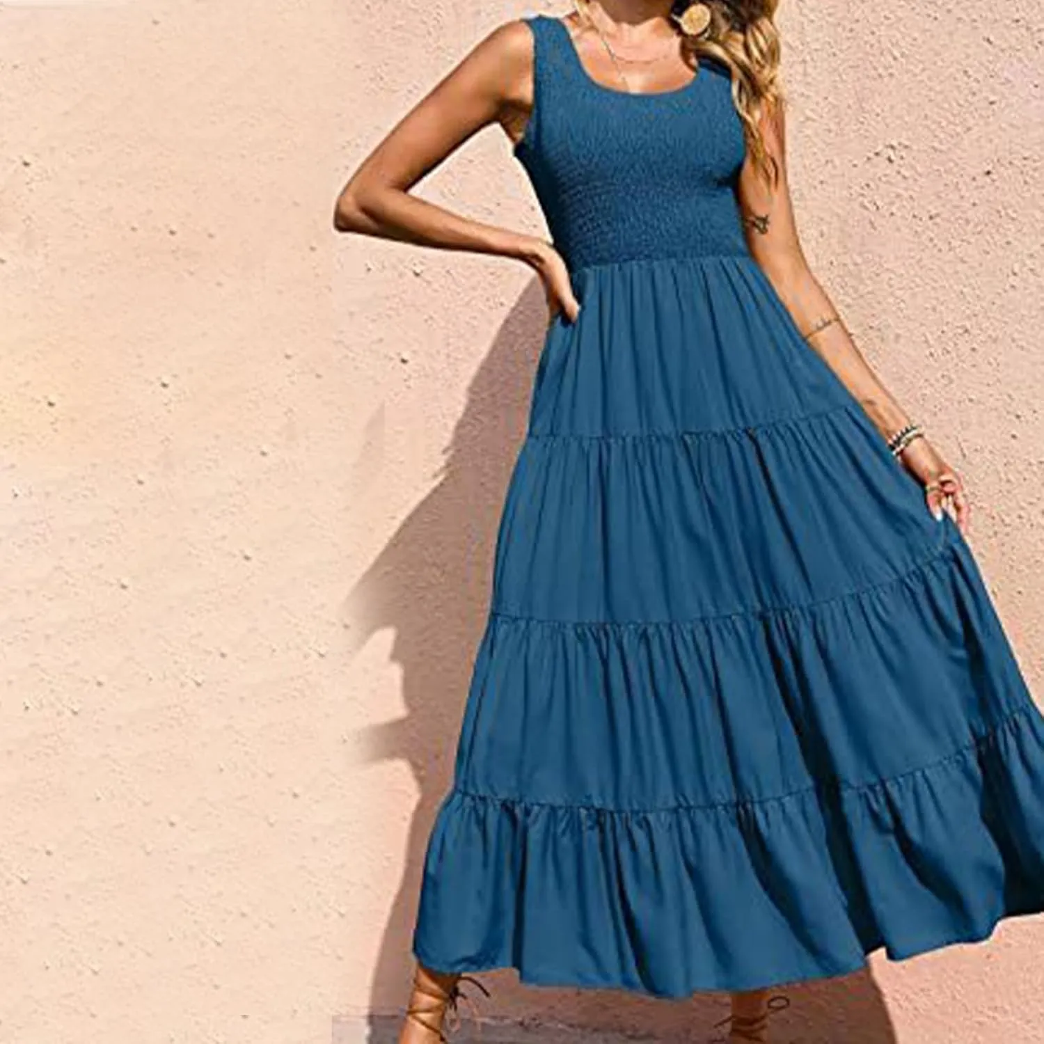 hlysgo Women Summer Dresses Casual Sleeveless Maxi Dresses Smocked High Waist Flowy Tiered Midi Dress Wedding Guest Dress