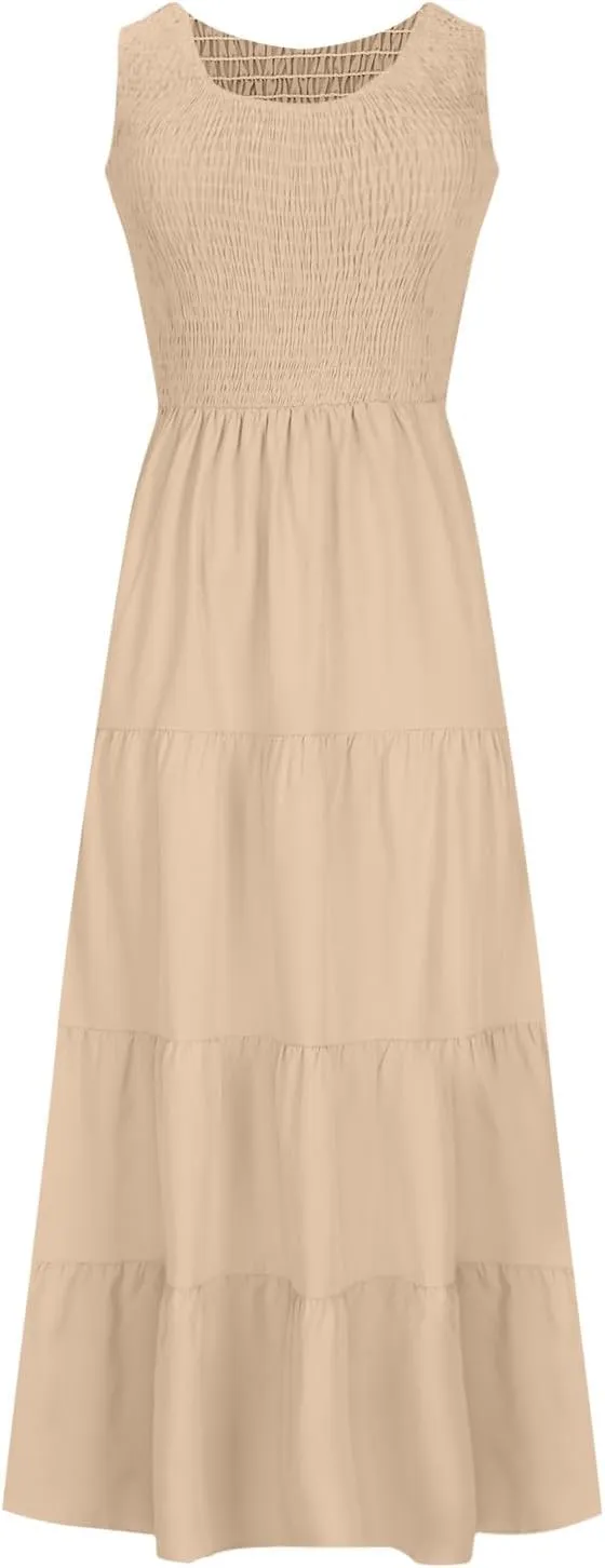 hlysgo Women Summer Dresses Casual Sleeveless Maxi Dresses Smocked High Waist Flowy Tiered Midi Dress Wedding Guest Dress