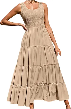 hlysgo Women Summer Dresses Casual Sleeveless Maxi Dresses Smocked High Waist Flowy Tiered Midi Dress Wedding Guest Dress