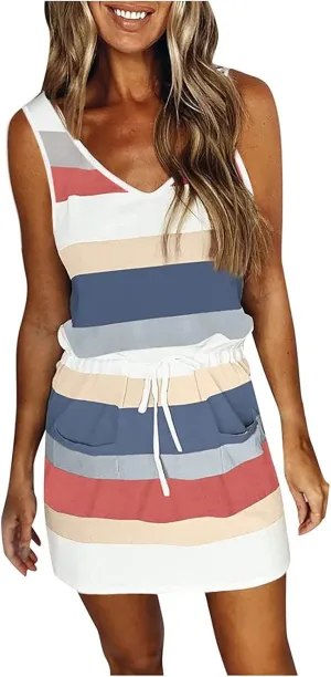 hlysgo Women Summer Petite Dresses 2025 Trendy Stripes Print Drawstring Waist Sleeveless Mini Dress Casual V Neck Sundress