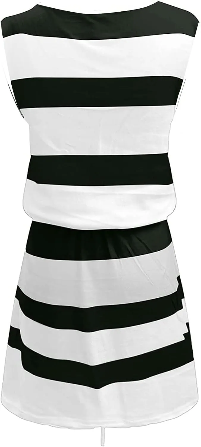 hlysgo Women Summer Petite Dresses 2025 Trendy Stripes Print Drawstring Waist Sleeveless Mini Dress Casual V Neck Sundress