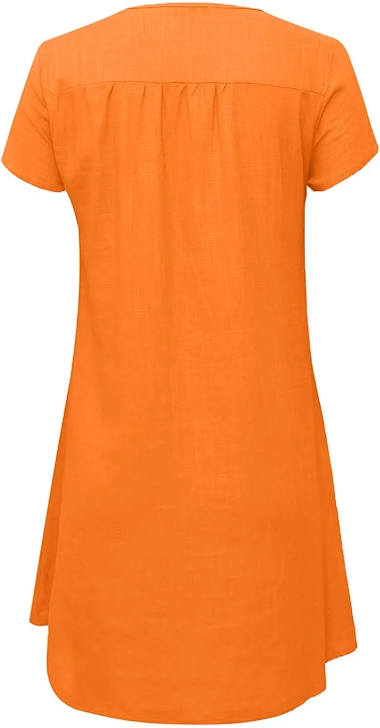 hlysgo Women's Casual Dresses Summer Loose Comfy Cotton Linen Vacation Mini Dress Plus Size Short Sleeve V Neck Beach Dress