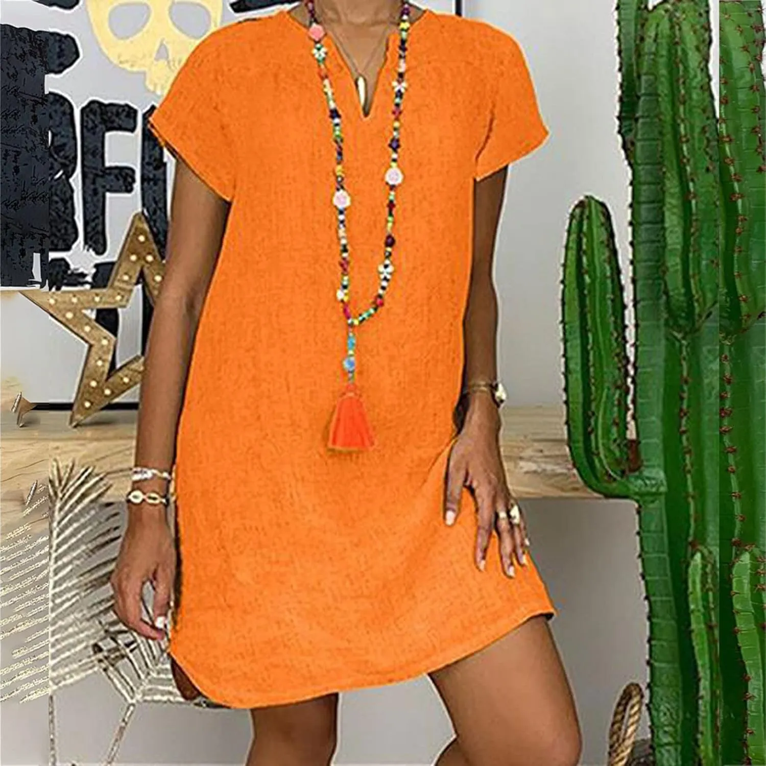 hlysgo Women's Casual Dresses Summer Loose Comfy Cotton Linen Vacation Mini Dress Plus Size Short Sleeve V Neck Beach Dress