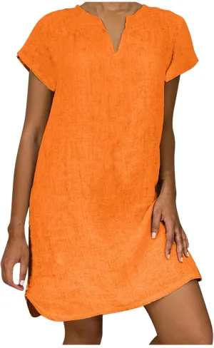 hlysgo Women's Casual Dresses Summer Loose Comfy Cotton Linen Vacation Mini Dress Plus Size Short Sleeve V Neck Beach Dress