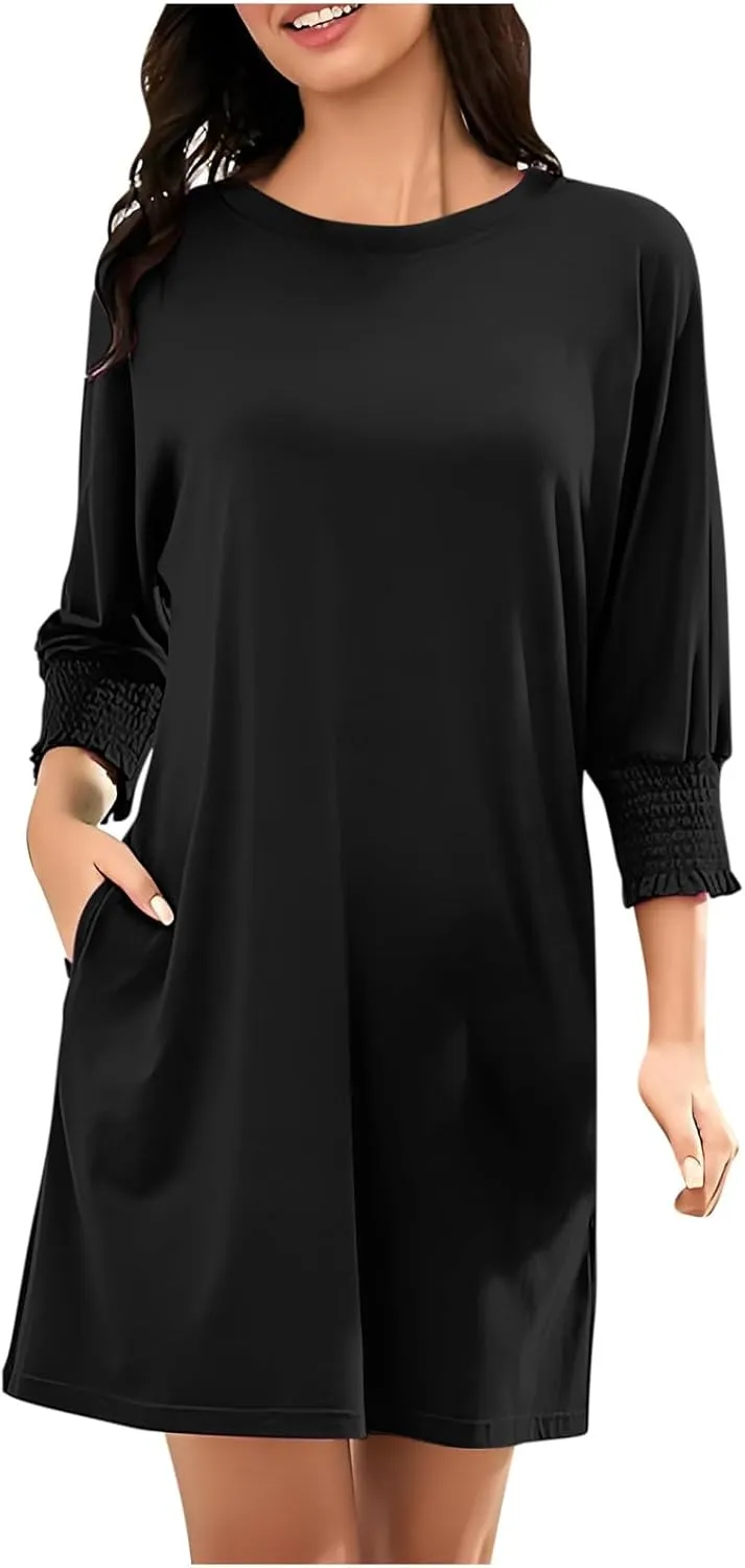 hlysgo Womens Summer Dresses 2025 Trendy 3/4 Sleeve Crew Neck Mini Dress Casual Loose Fit Knee Length Dress for Teen Girls