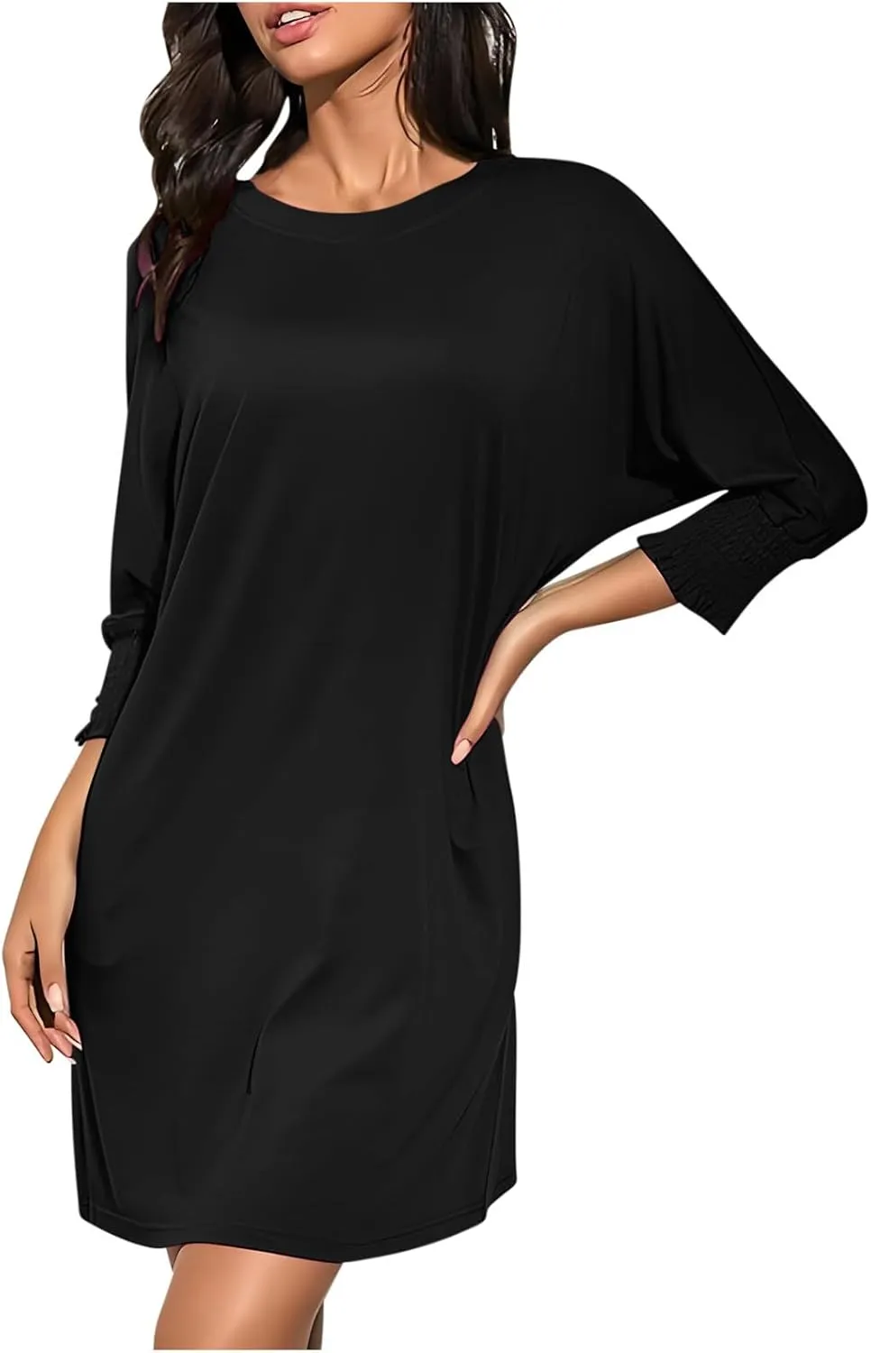 hlysgo Womens Summer Dresses 2025 Trendy 3/4 Sleeve Crew Neck Mini Dress Casual Loose Fit Knee Length Dress for Teen Girls