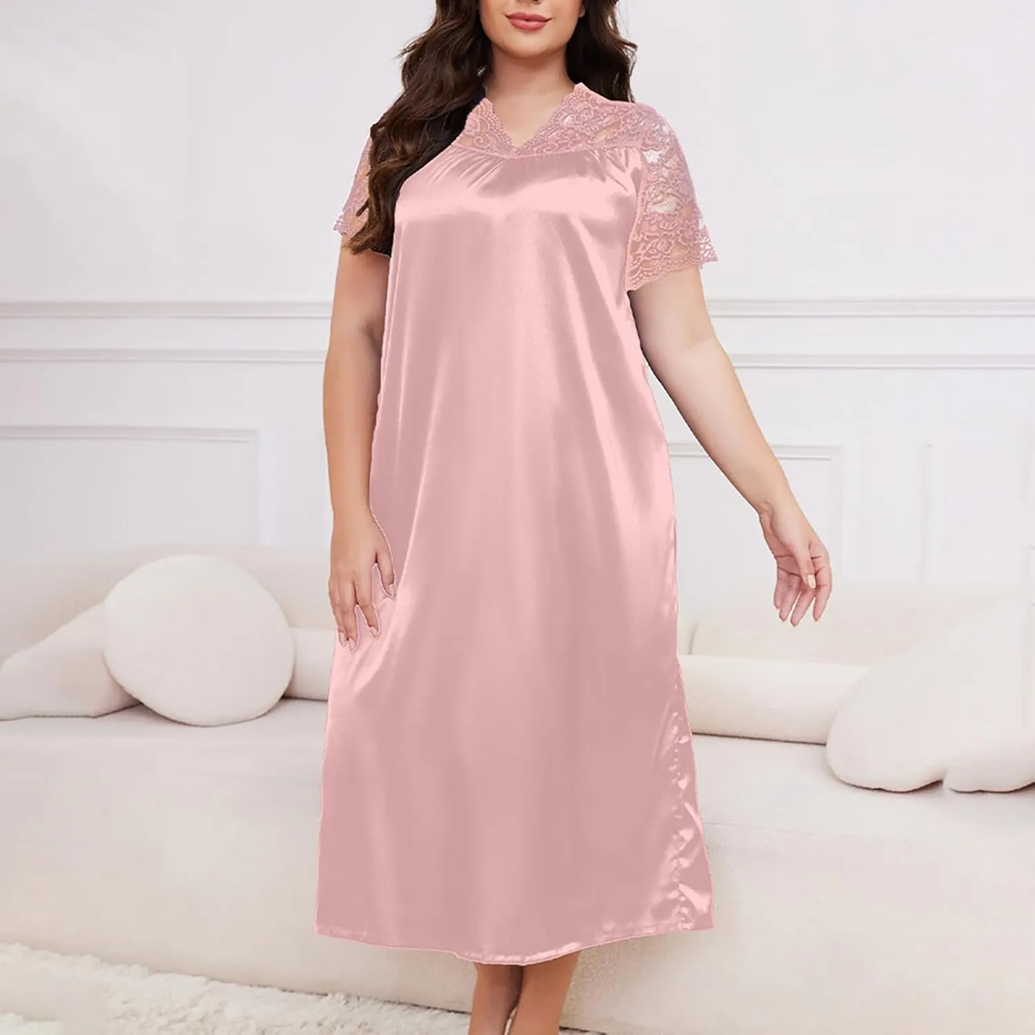 hlysgo Womens Summer Satin V Neck Midi Dress Floral Lace Short Sleeve Nightgown Plus Size Long Dress Loungewear