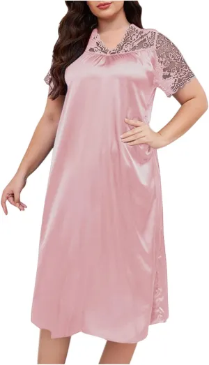 hlysgo Womens Summer Satin V Neck Midi Dress Floral Lace Short Sleeve Nightgown Plus Size Long Dress Loungewear