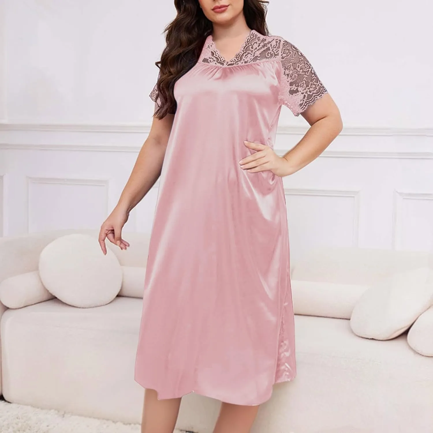 hlysgo Womens Summer Satin V Neck Midi Dress Floral Lace Short Sleeve Nightgown Plus Size Long Dress Loungewear