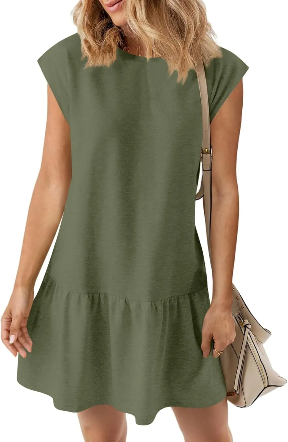 hlysgo Womens Summer T Shirt Dress Casual Loose Fit Cap Sleeve Ruffle Hem Workout Dresses Teen Girls Crewneck Mini Dresses