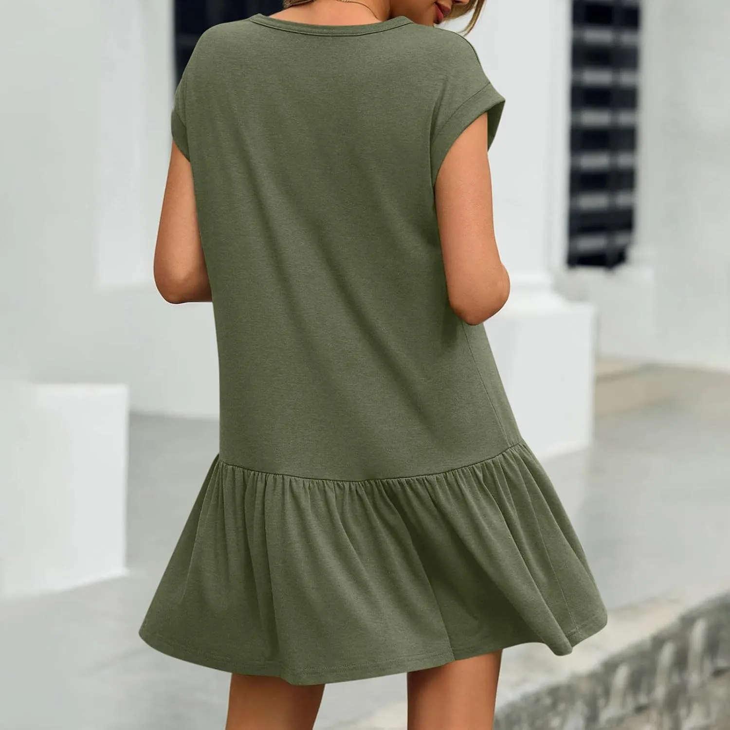 hlysgo Womens Summer T Shirt Dress Casual Loose Fit Cap Sleeve Ruffle Hem Workout Dresses Teen Girls Crewneck Mini Dresses