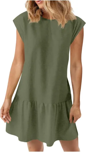 hlysgo Womens Summer T Shirt Dress Casual Loose Fit Cap Sleeve Ruffle Hem Workout Dresses Teen Girls Crewneck Mini Dresses