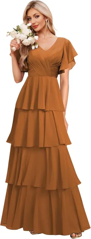 homdor Tiered Ruffles Bridesmaid Dresses for Women 2025 V Neck Chiffon Formal Evening Dresses with Sleeves