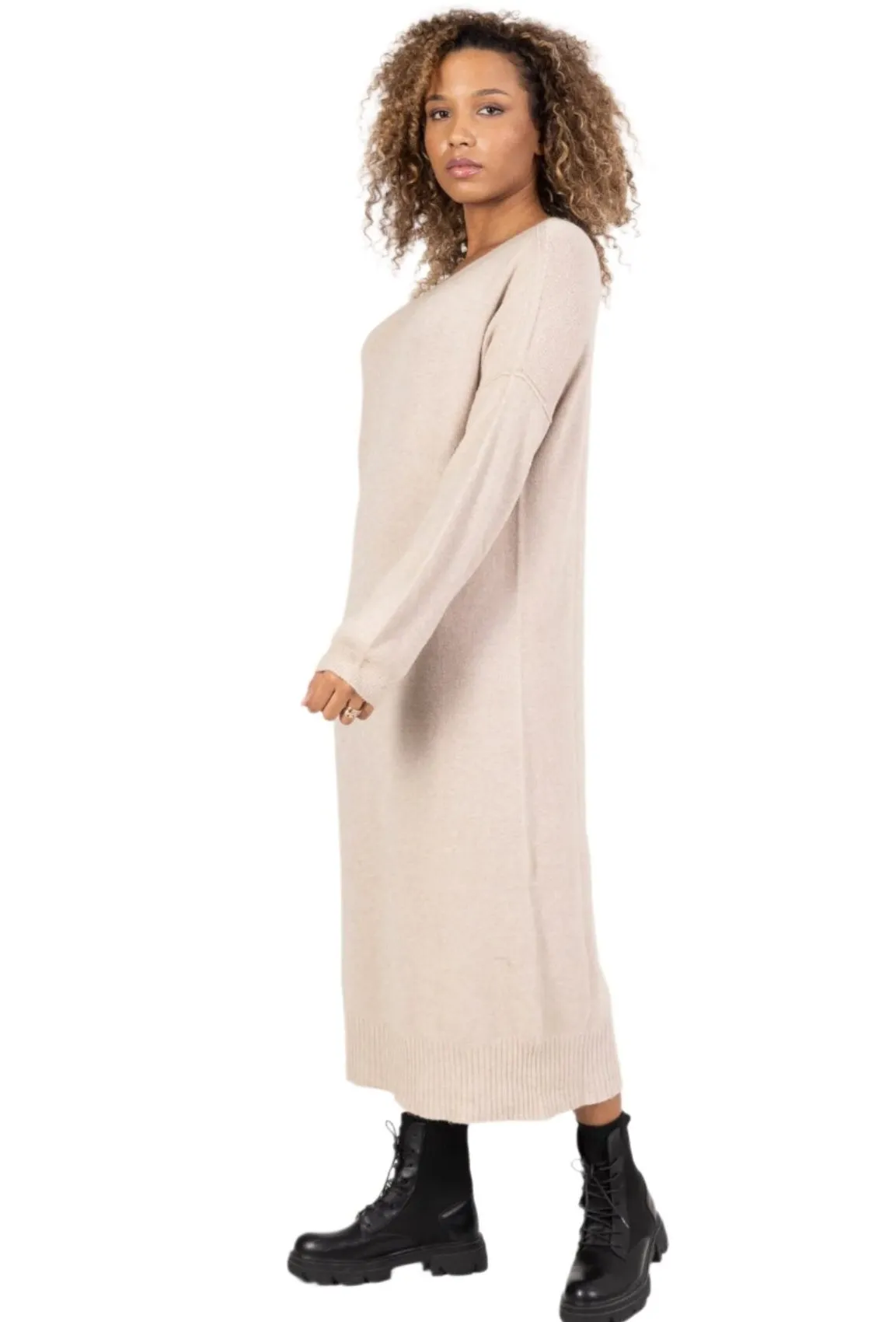 Italian Long Sweater Dress With Round Neck One Size