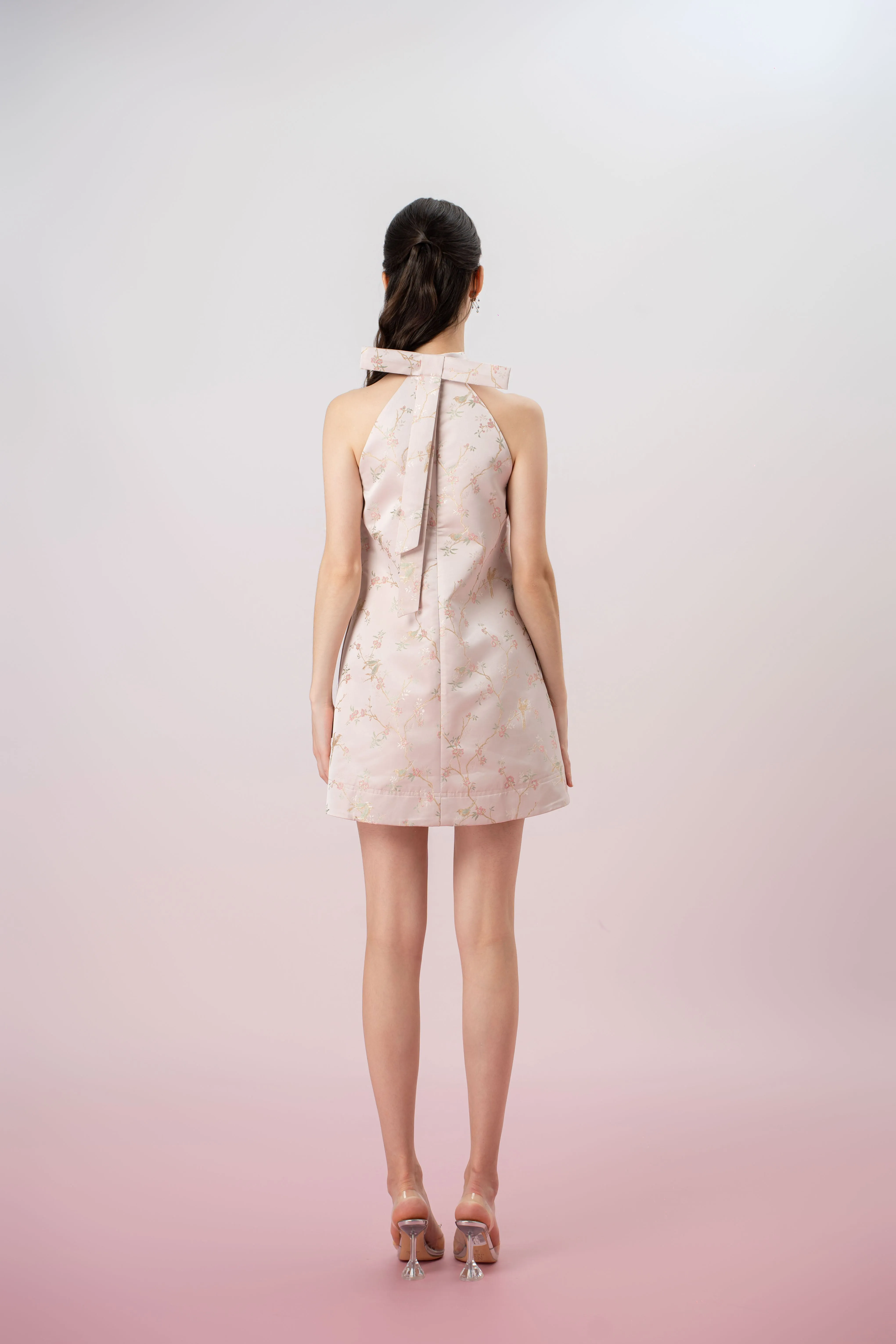 Ivett Pink Plum Blossom Print Halter Neck Dress