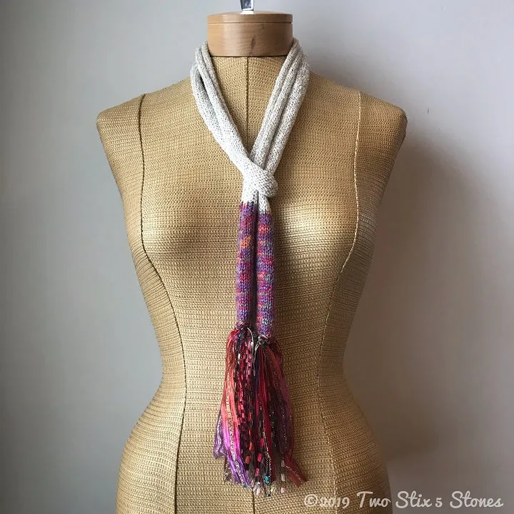 Ivory w/Orange Metallic Accents Skinny Scarf w/Fringe
