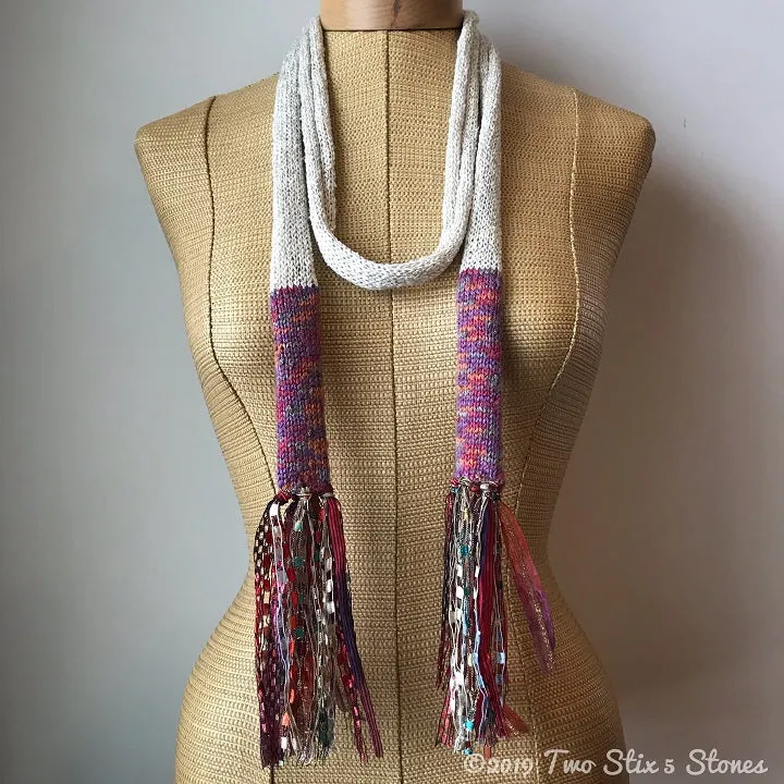 Ivory w/Orange Metallic Accents Skinny Scarf w/Fringe
