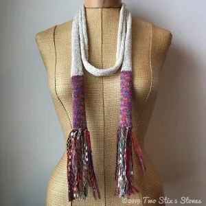 Ivory w/Orange Metallic Accents Skinny Scarf w/Fringe