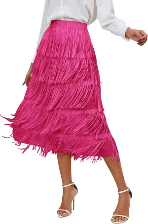 IWEMEK Elastic High Waist Fringe Skirts for Women Tassels Tiered Layered Midi Skirts Fall Christmas Party Casual A-Line Skirt