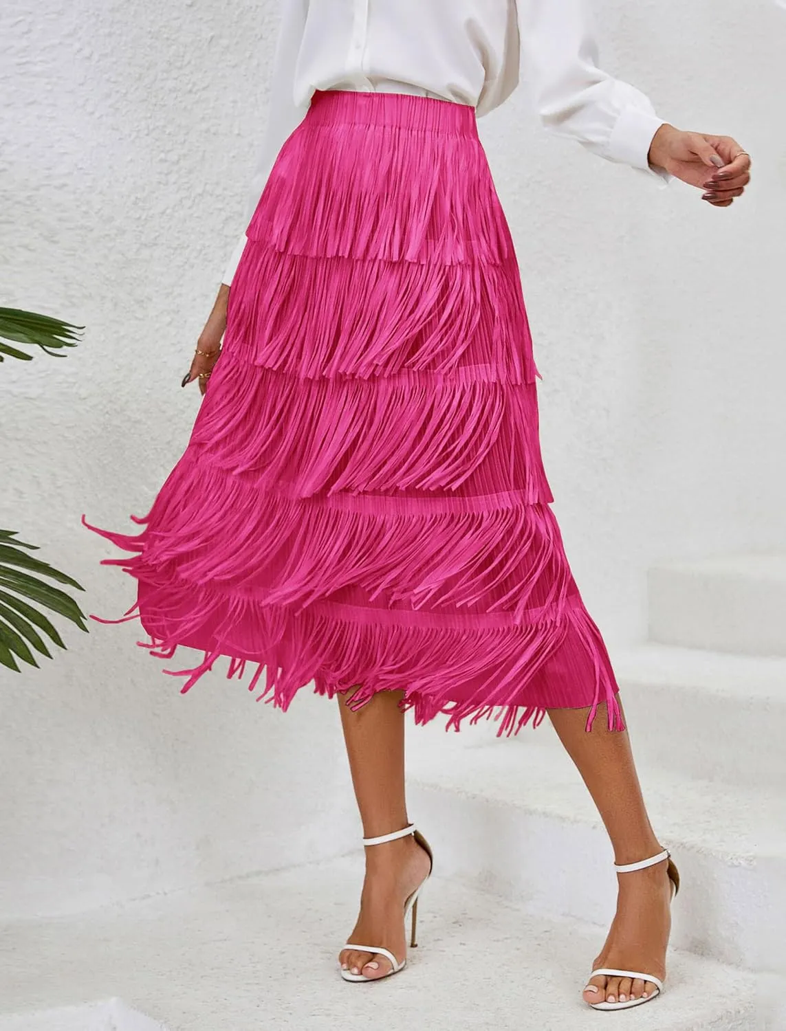 IWEMEK Elastic High Waist Fringe Skirts for Women Tassels Tiered Layered Midi Skirts Fall Christmas Party Casual A-Line Skirt