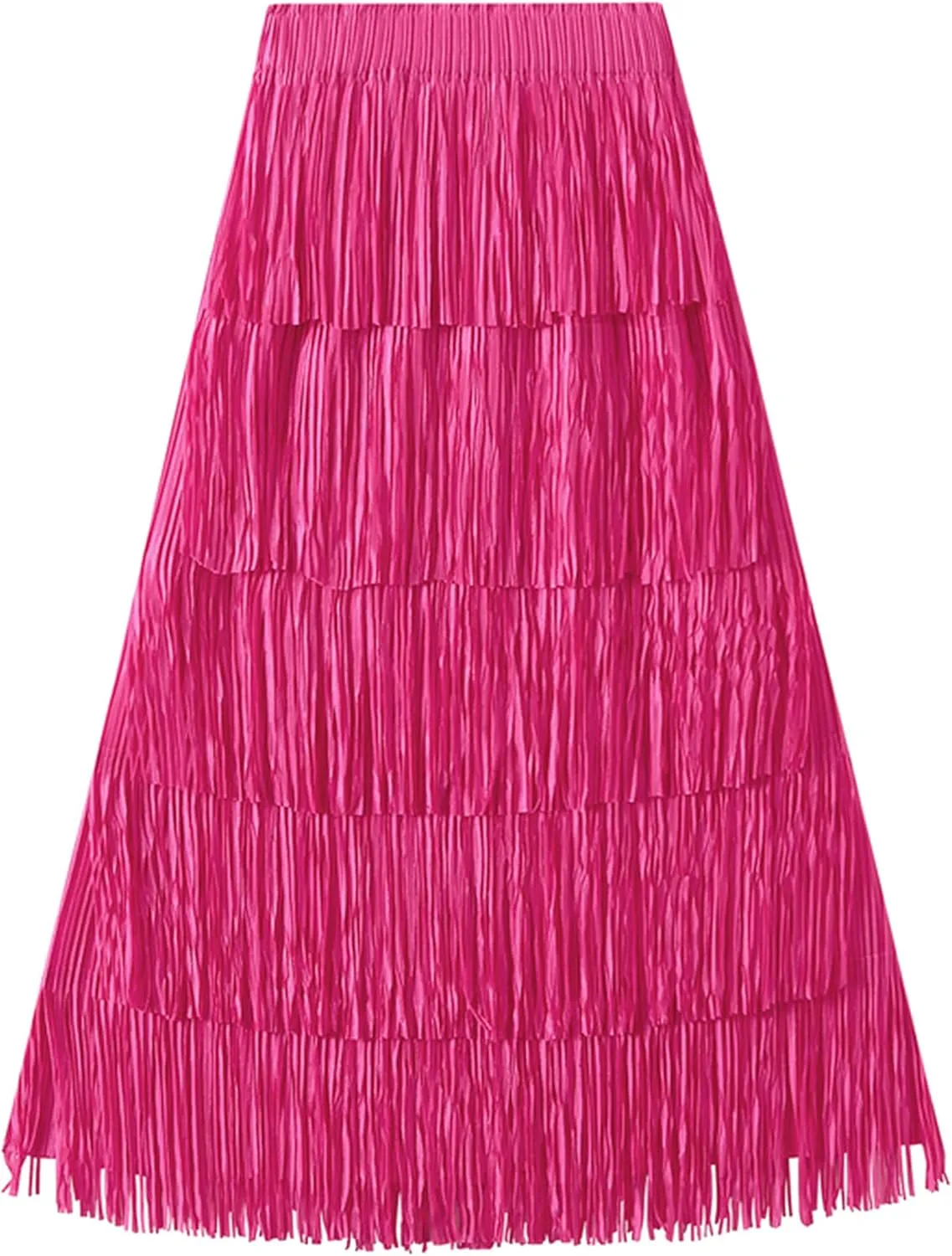 IWEMEK Elastic High Waist Fringe Skirts for Women Tassels Tiered Layered Midi Skirts Fall Christmas Party Casual A-Line Skirt