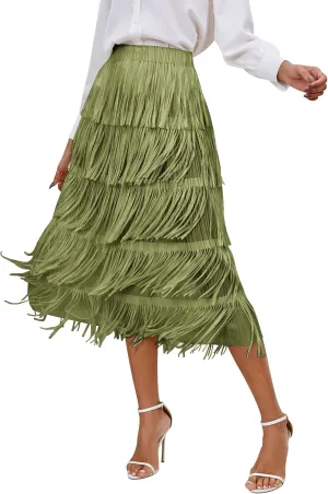 IWEMEK Elastic High Waist Fringe Skirts for Women Tassels Tiered Layered Midi Skirts Fall Christmas Party Casual A-Line Skirt