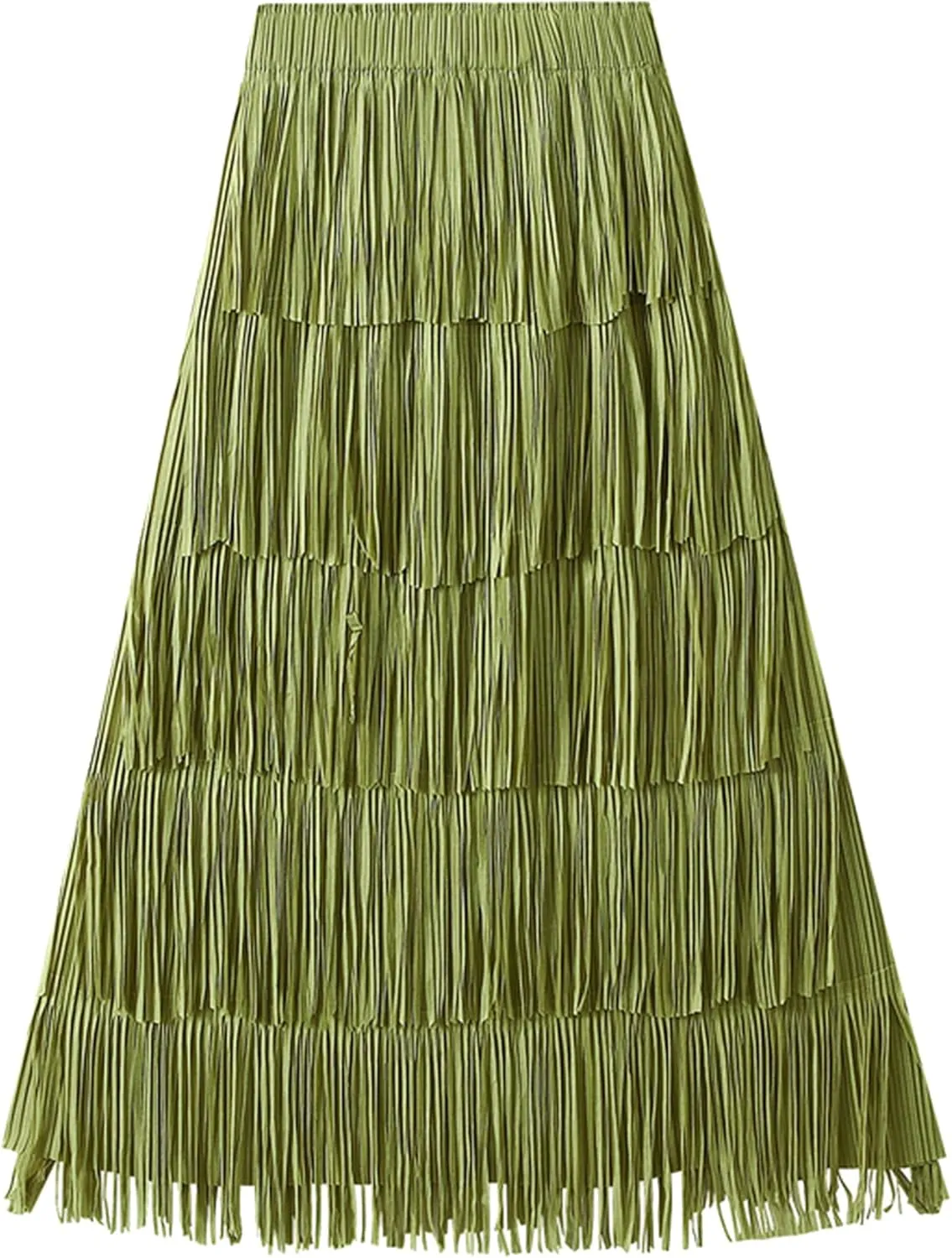 IWEMEK Elastic High Waist Fringe Skirts for Women Tassels Tiered Layered Midi Skirts Fall Christmas Party Casual A-Line Skirt