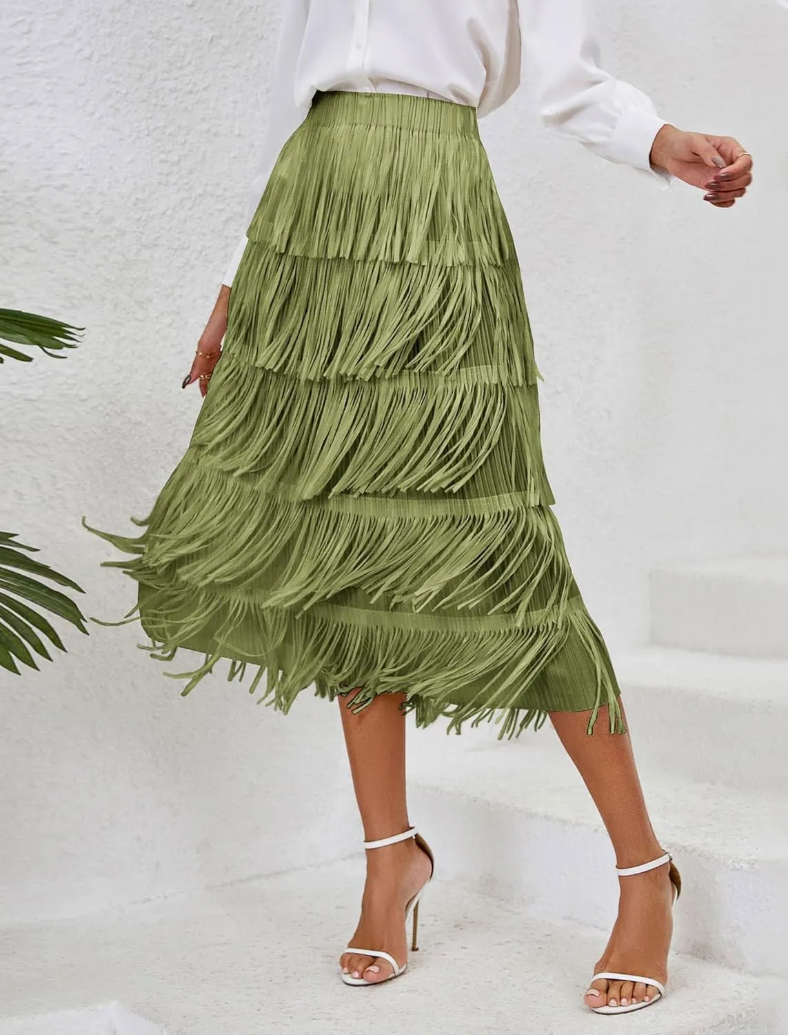 IWEMEK Elastic High Waist Fringe Skirts for Women Tassels Tiered Layered Midi Skirts Fall Christmas Party Casual A-Line Skirt