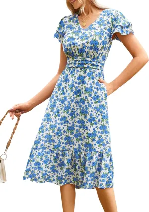 JASAMBAC Women Summer Dresses Casual Flowy Beach V Neck Ruffle Sleeve Smocked Back Waist Floral Midi Dress with Pockets