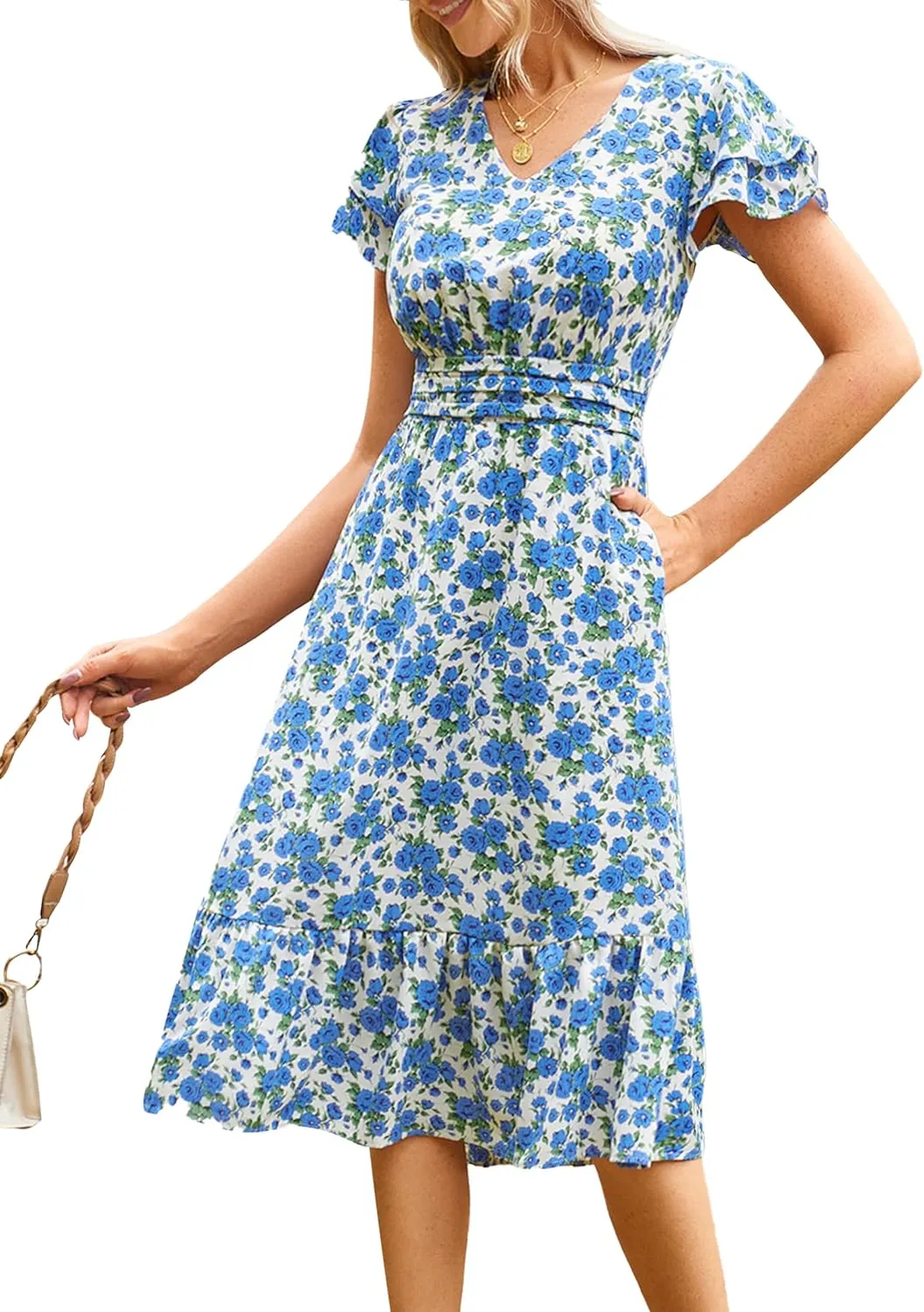 JASAMBAC Women Summer Dresses Casual Flowy Beach V Neck Ruffle Sleeve Smocked Back Waist Floral Midi Dress with Pockets