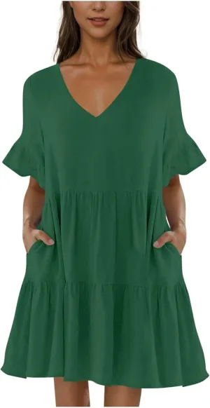 JOAU Dresses for Women Summer 2025 V Neck Short Ruffle Sleeve A Line Tiered Flowy Casual Trendy Mini Beach Dress with Pockets