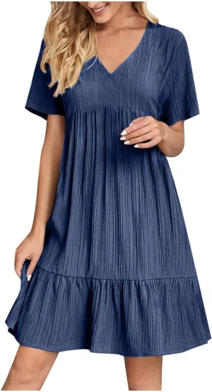 JOAU Women Summer Boho Short Sleeve Beach Textured Mini Dress Casual V-Neck Ruffle Hem Pleated T-Shirt Dress Travel Vacation