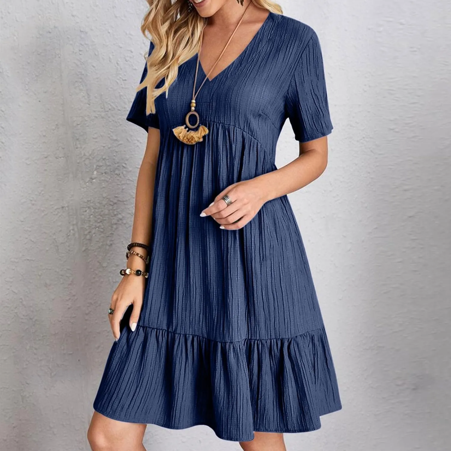 JOAU Women Summer Boho Short Sleeve Beach Textured Mini Dress Casual V-Neck Ruffle Hem Pleated T-Shirt Dress Travel Vacation