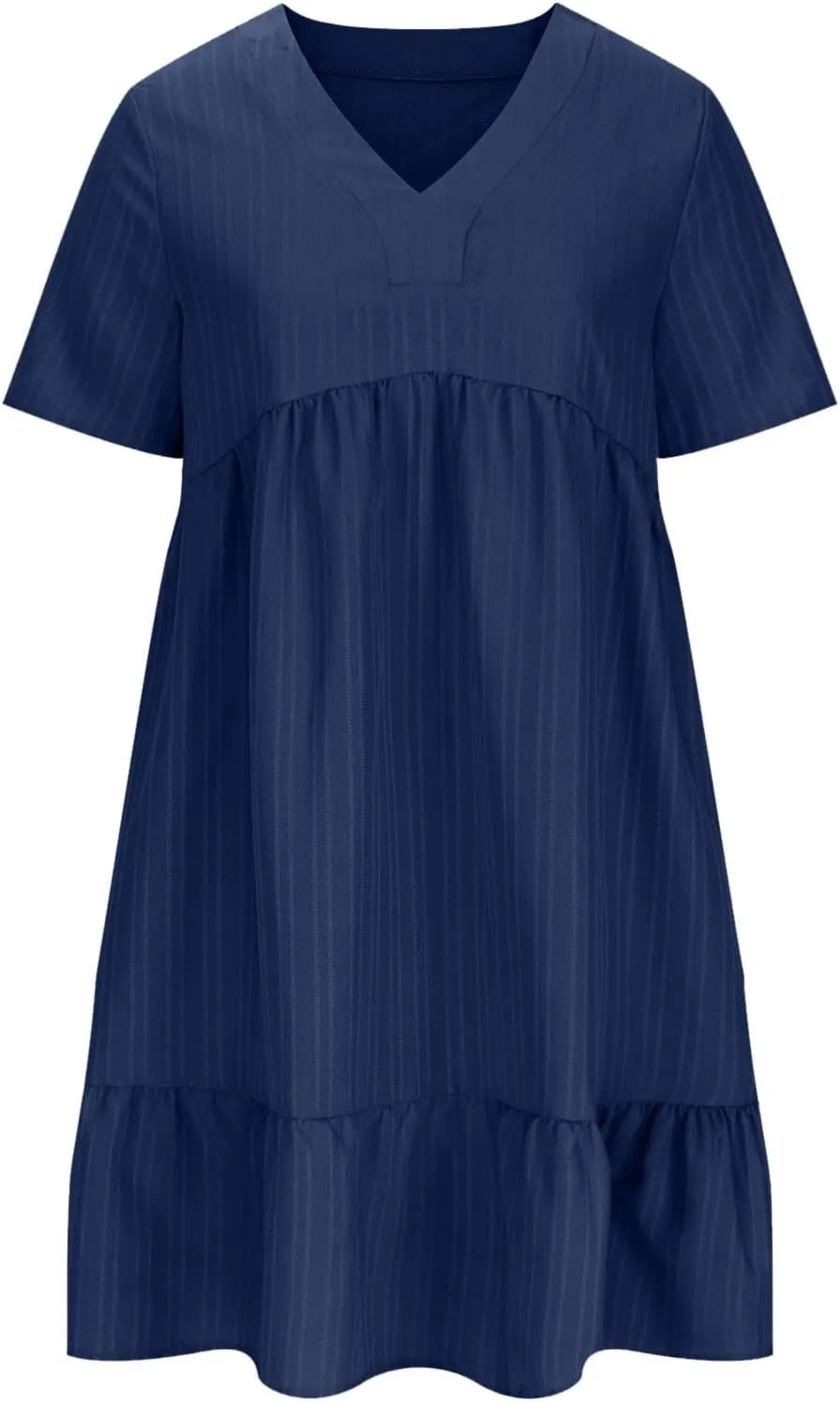 JOAU Women Summer Boho Short Sleeve Beach Textured Mini Dress Casual V-Neck Ruffle Hem Pleated T-Shirt Dress Travel Vacation