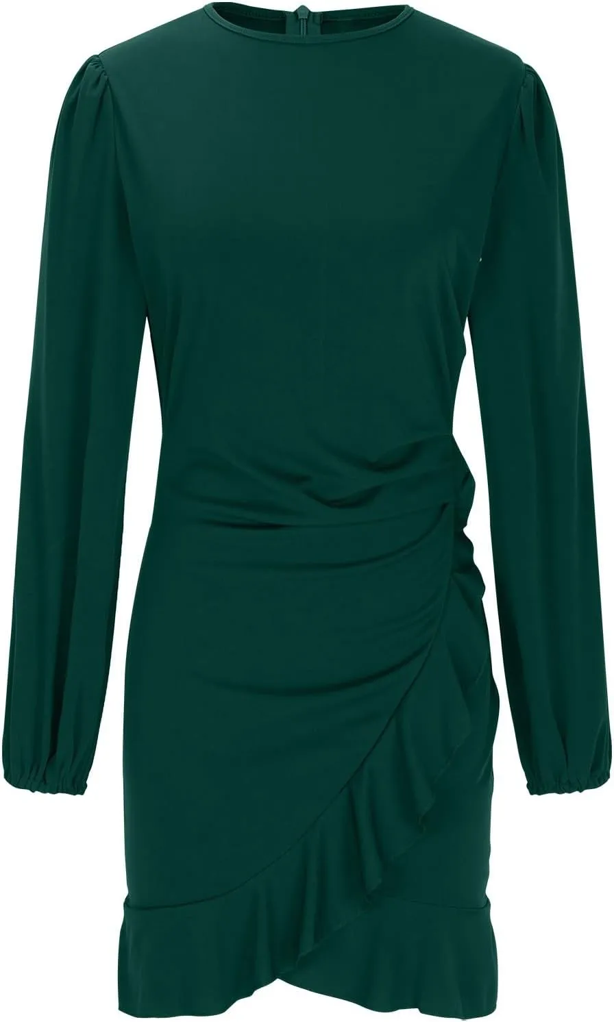 JOAU Women's Elegant Formal Cocktail Party Mini Dress Puff Long Sleeve Crew Neck Slim Fit Irregular Ruffle Hem Slit Dresses